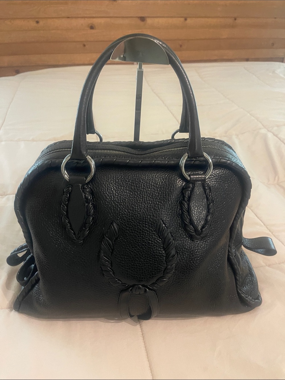 Nina Ricci Black Leather Braided Travel Bag Satchel